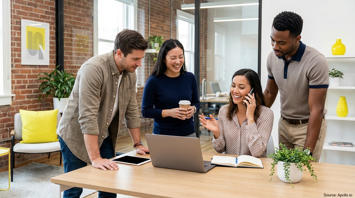 Four diverse colleagues smiling and collaborating around a laptop in a modern office.