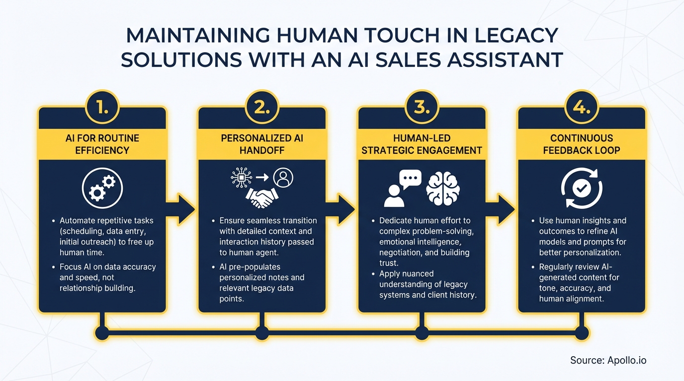 Four-step process diagram detailing AI sales assistant integration while maintaining human touch.