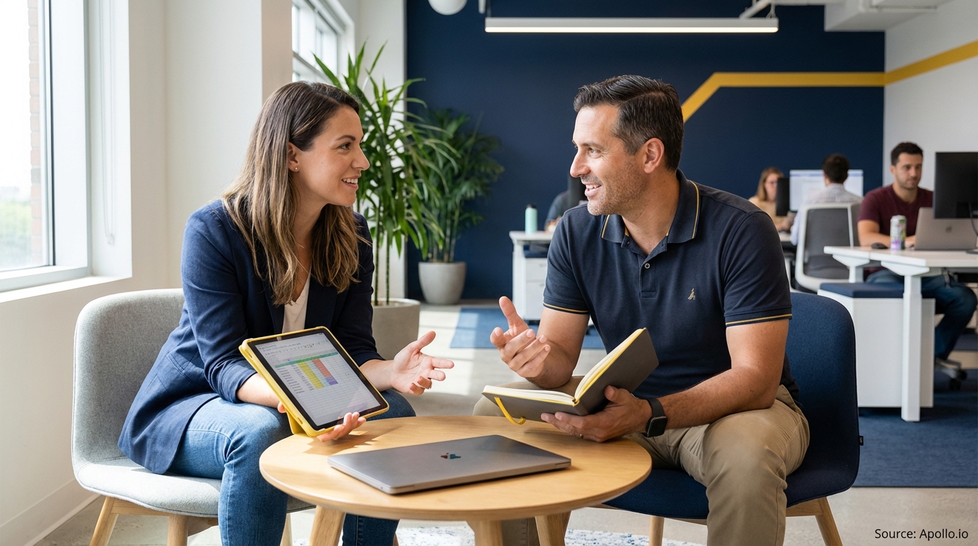 Two professionals discuss data from a tablet and notebook in a collaborative modern office setting.