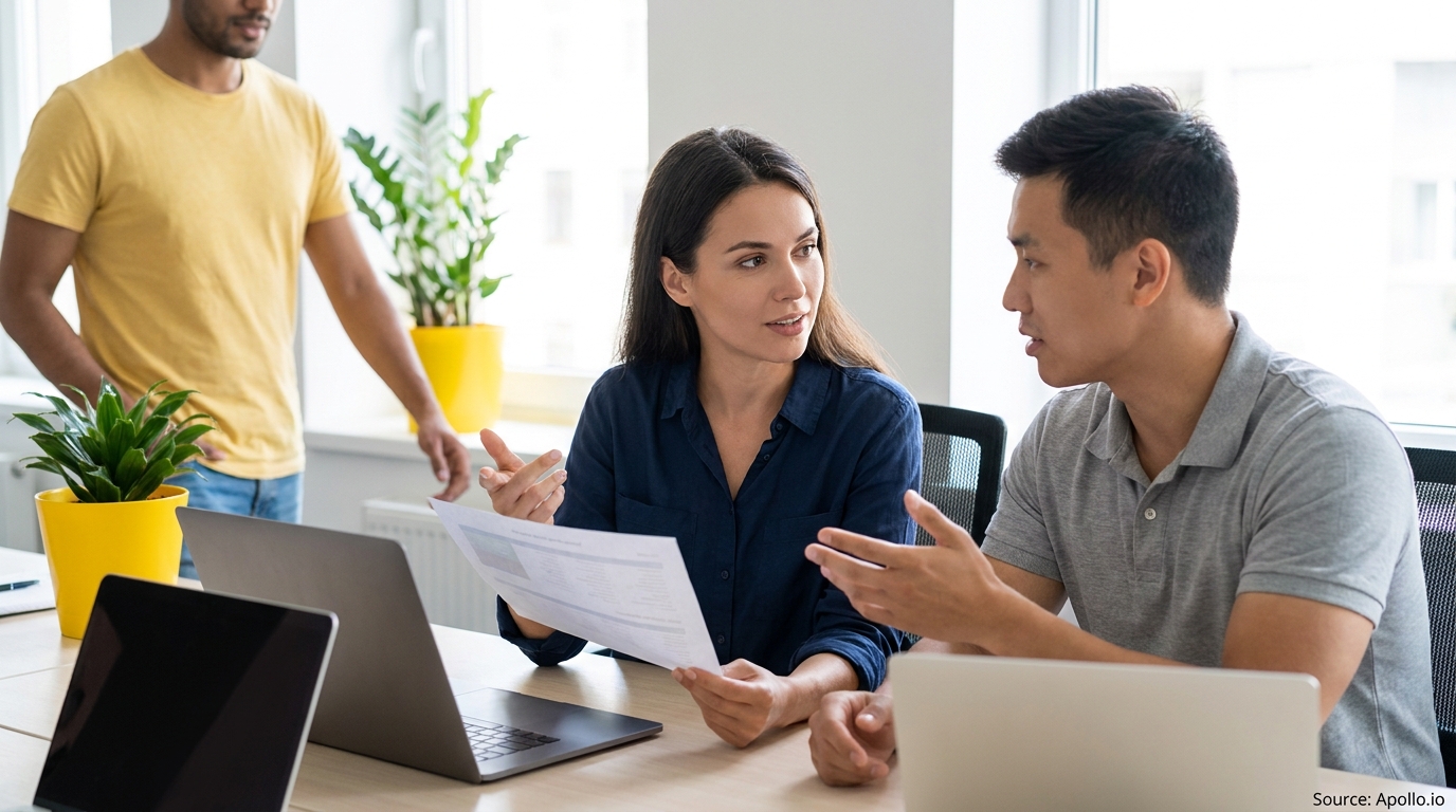 Three professionals collaborate at an office desk with laptops and documents.