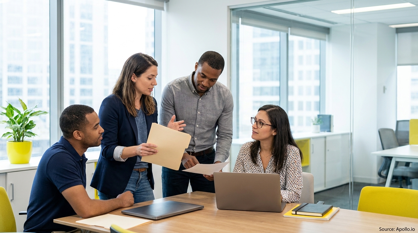 Four diverse colleagues discuss documents and work on laptops in a modern office.