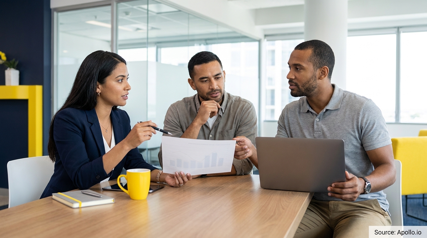 Three businesspeople discuss charts on a document and a laptop in a modern office.
