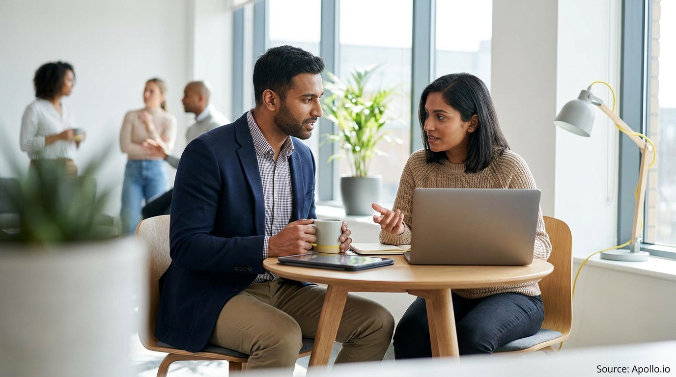 Two colleagues converse at a table with a laptop in a bright office.