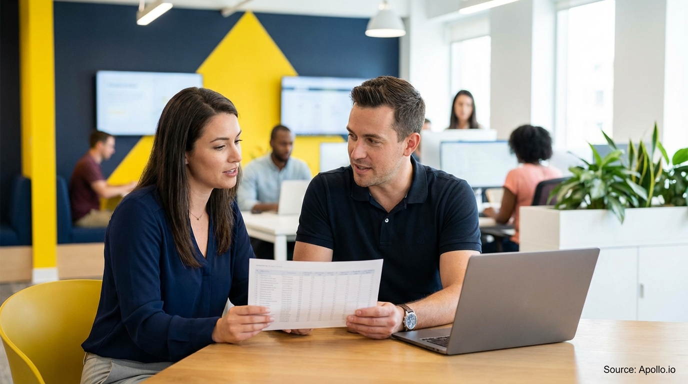Two professionals review a document on a table in a bright, modern office.