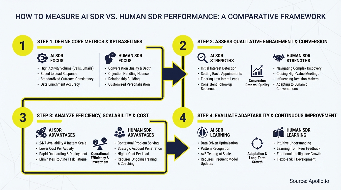 A four-step framework compares AI and human SDR performance across metrics, engagement, efficiency, and learning.
