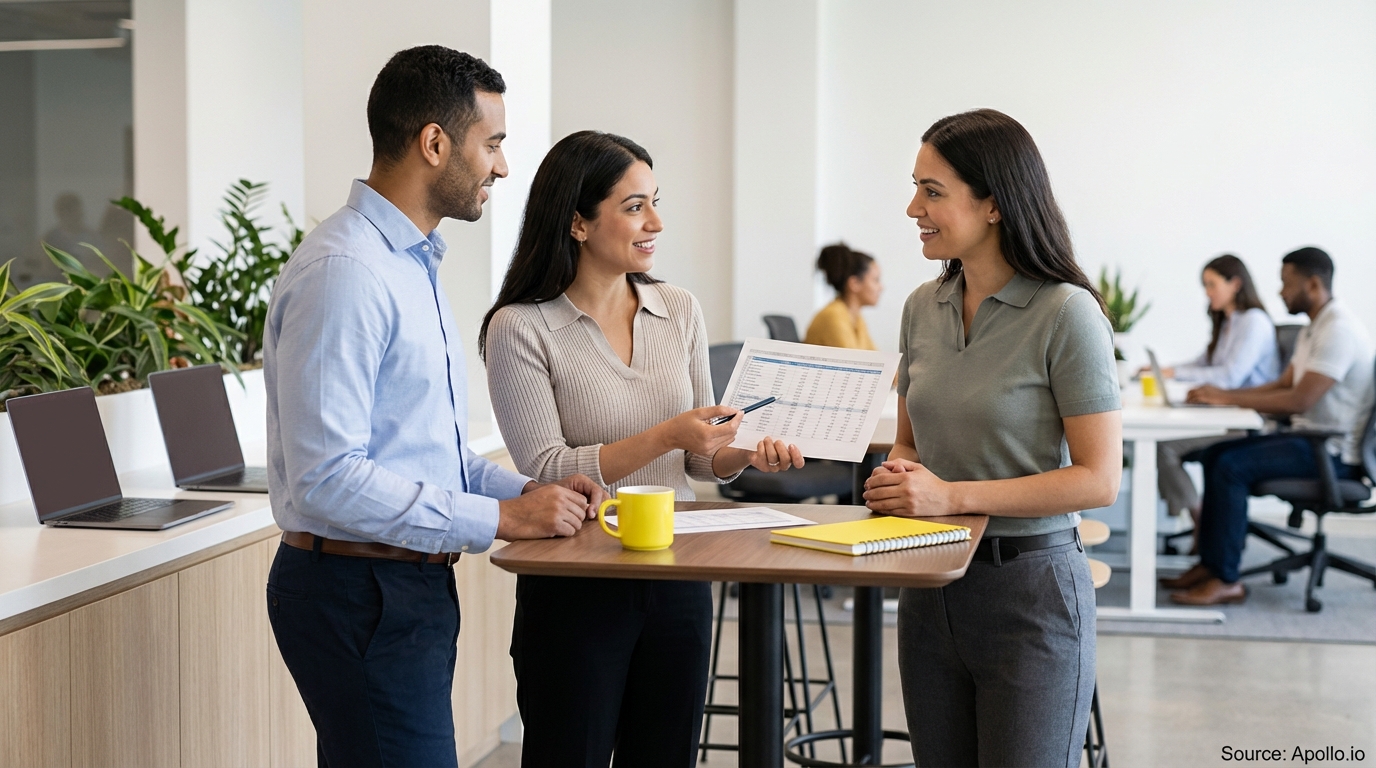 Three office workers analyze a spreadsheet at a standing desk in a modern office.