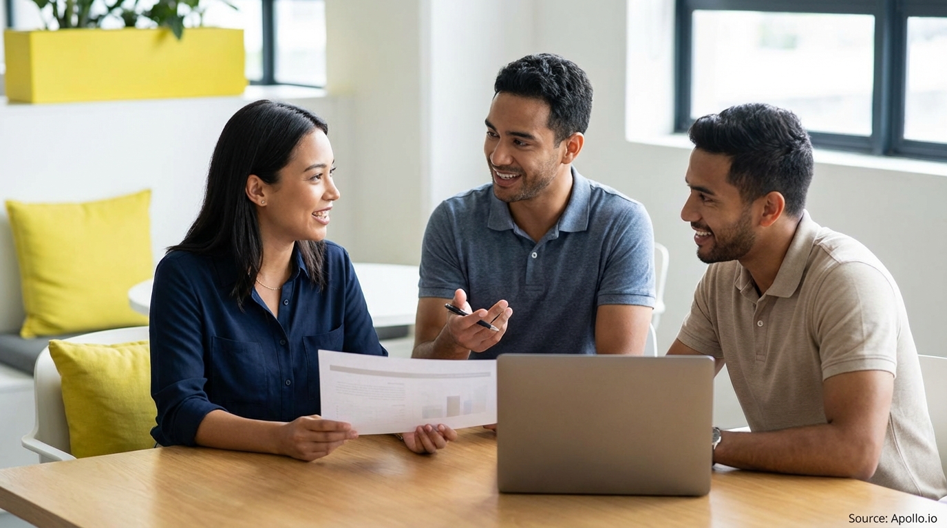 Three smiling colleagues discuss documents and a laptop at a modern office table.
