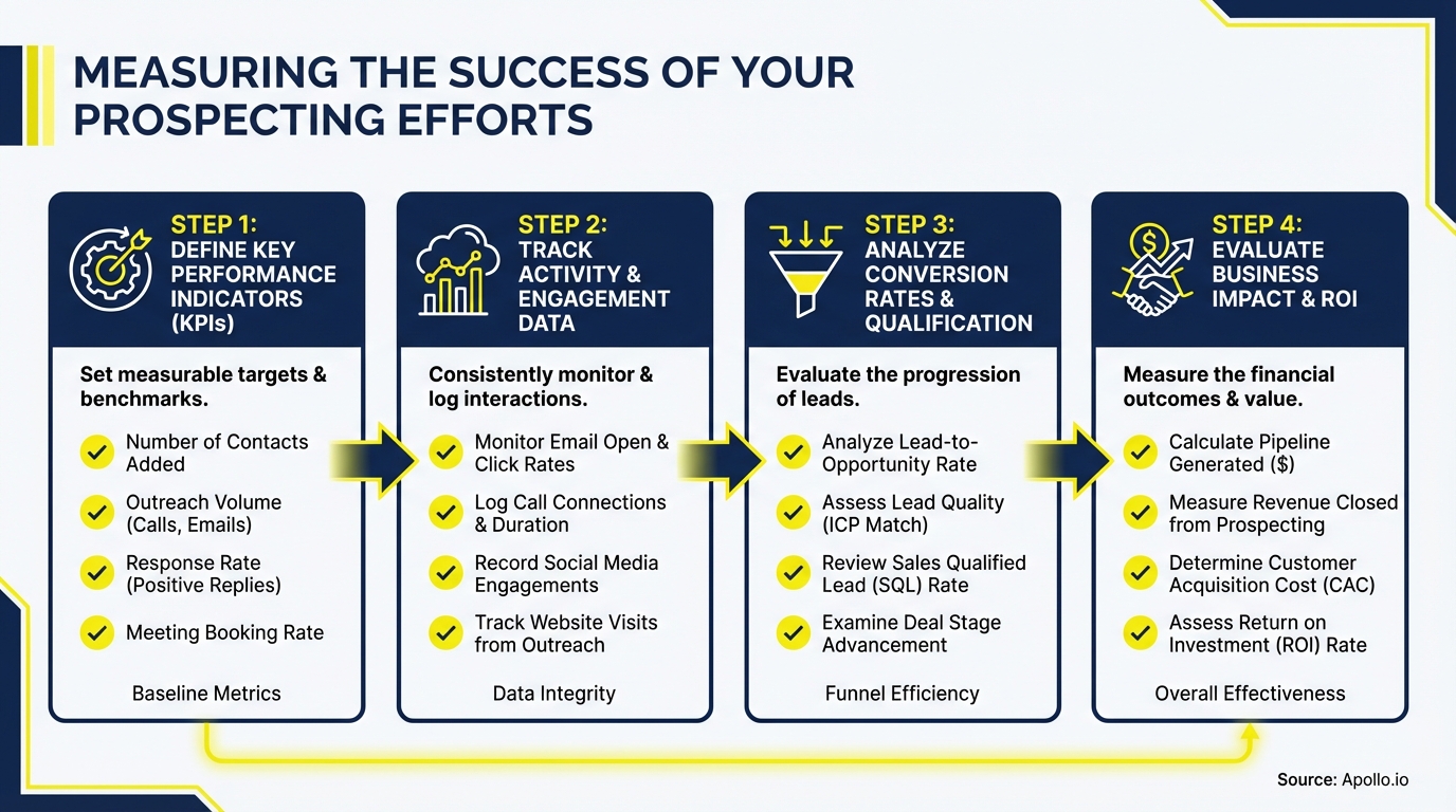 Infographic detailing a four-step process for measuring prospecting efforts, from KPIs to ROI.