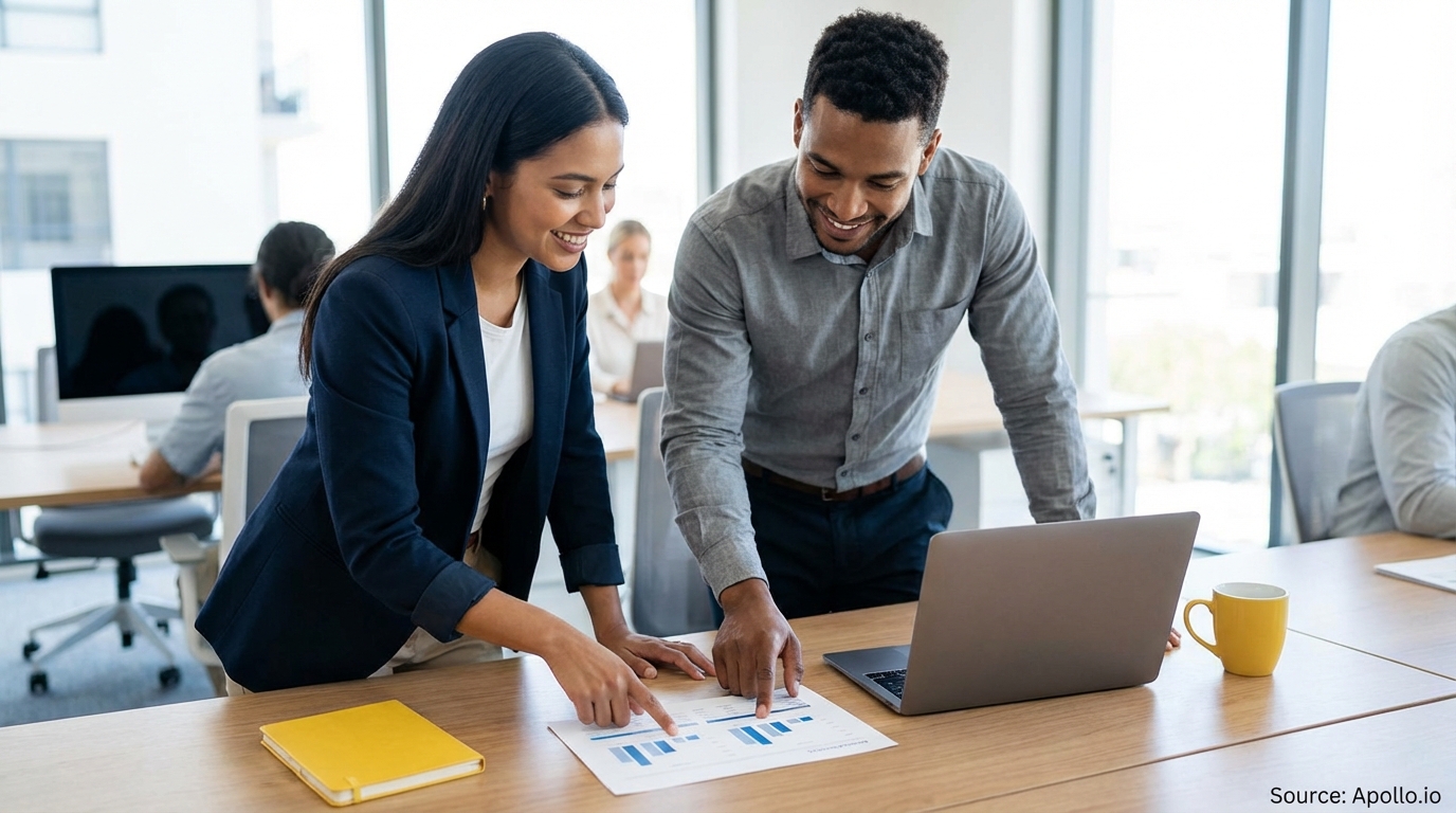 Two smiling colleagues discuss charts on a document at an office table.