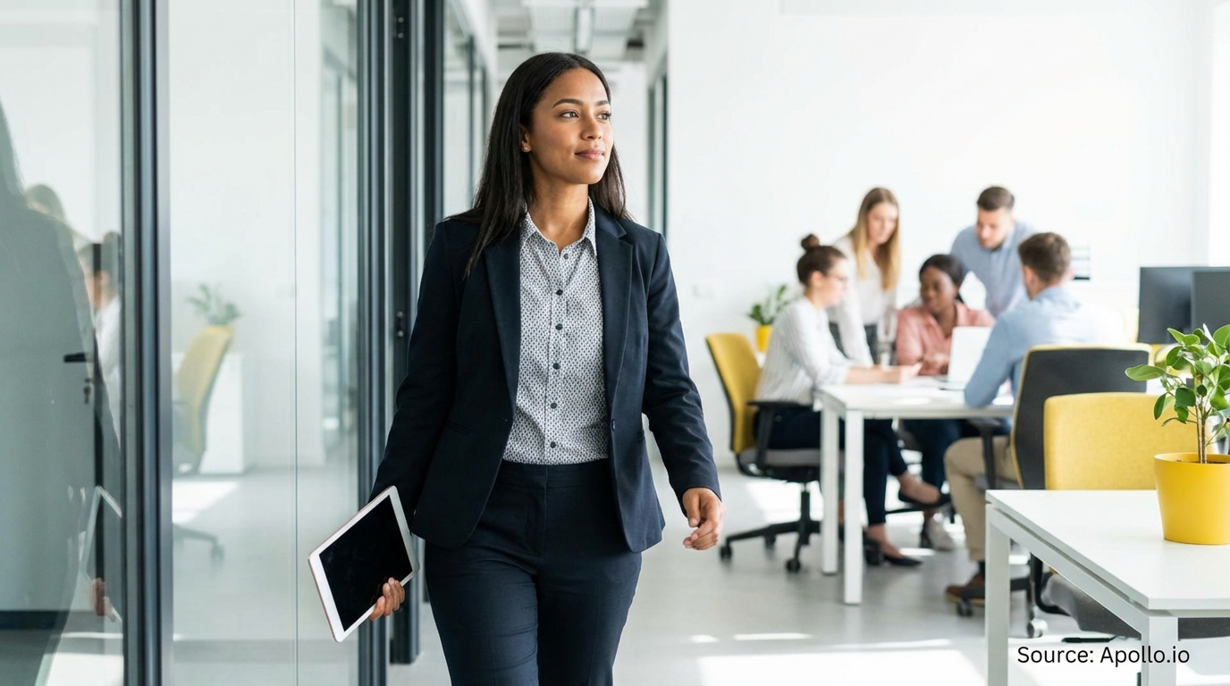 A confident businesswoman walks through a modern office while colleagues collaborate in the background.