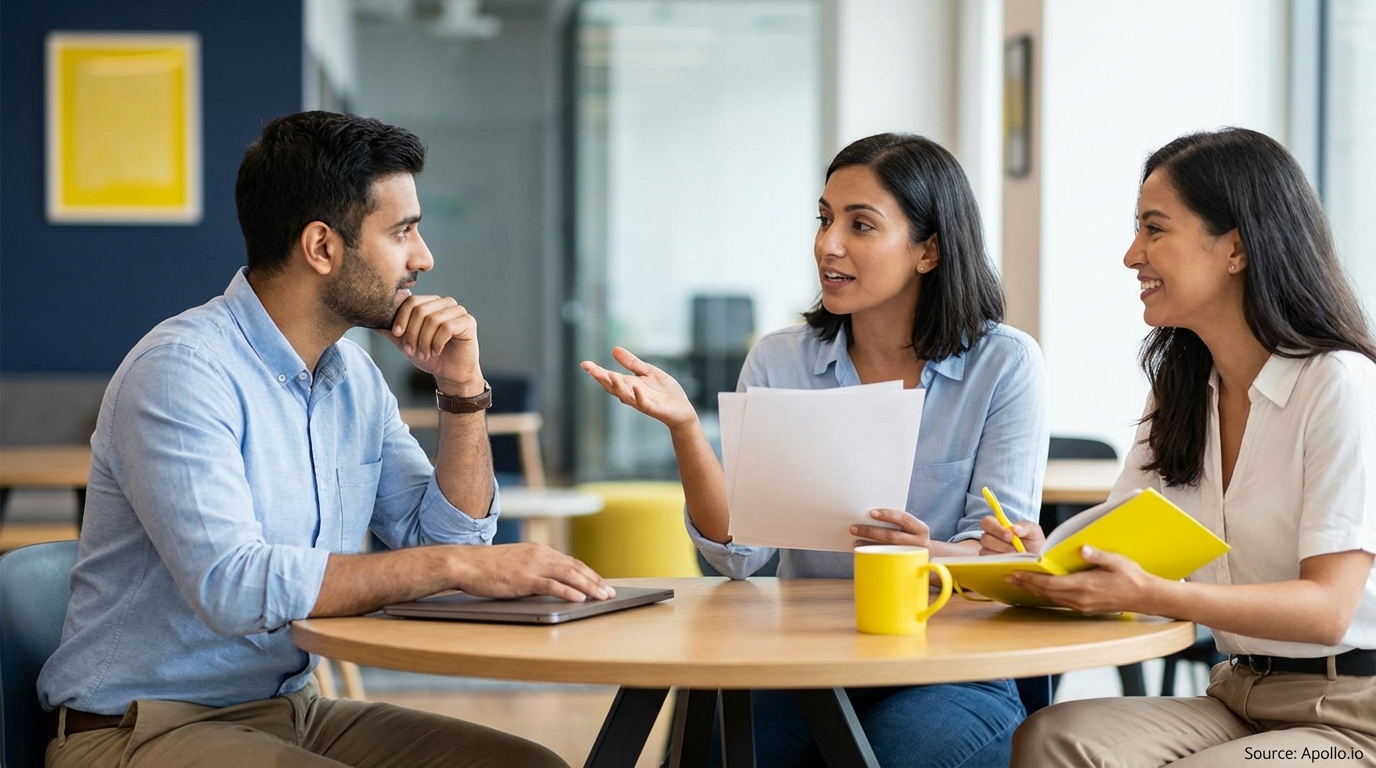 Three colleagues discuss at a modern office table; one gestures, one takes notes, one listens.