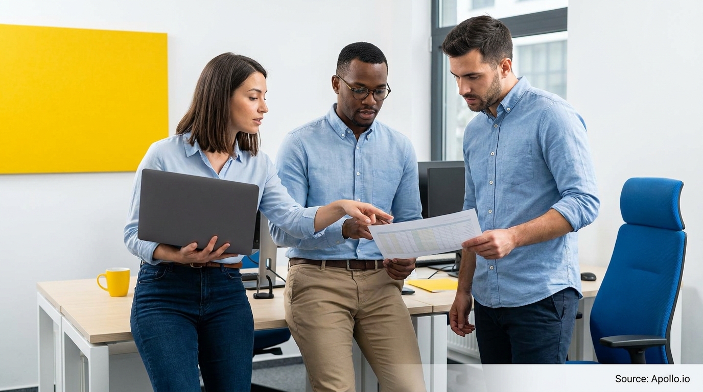 Three diverse colleagues discuss a document and laptop in a modern office.