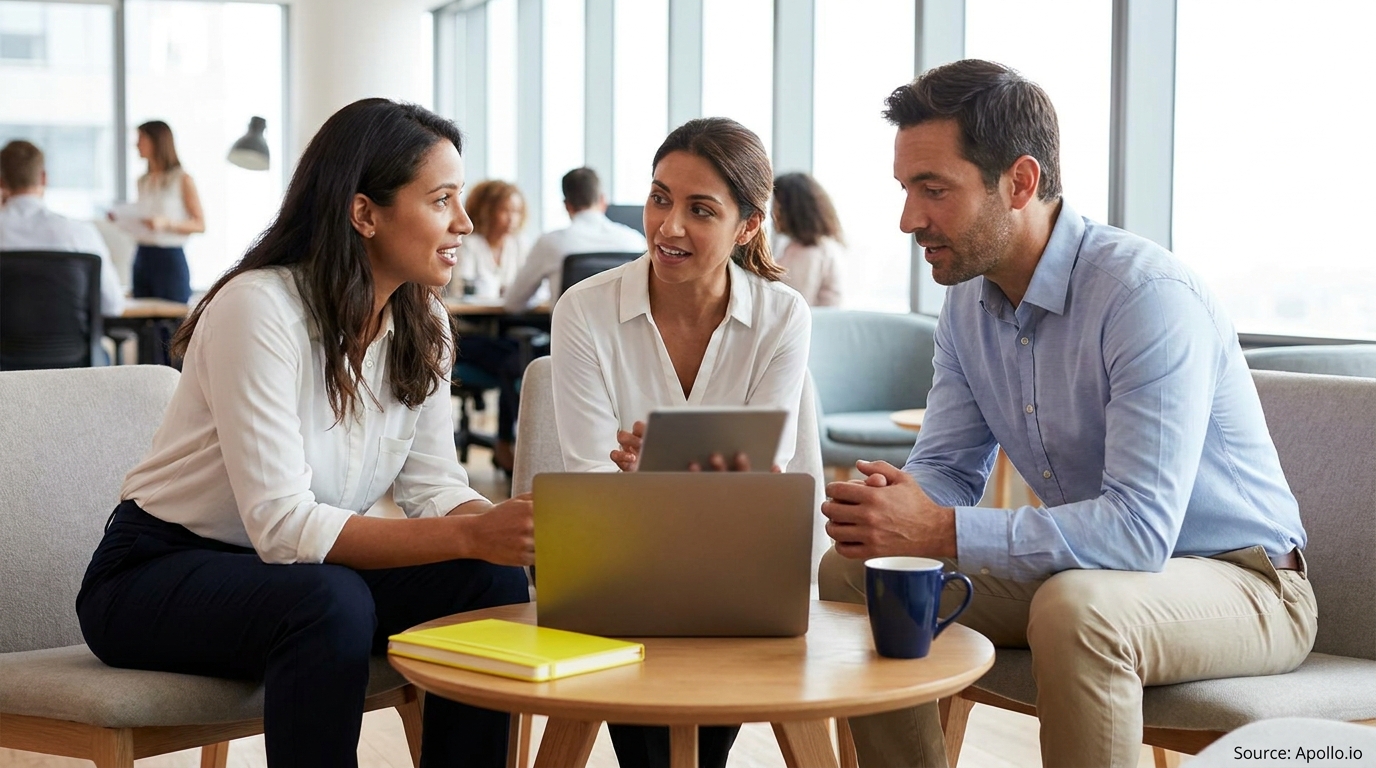 Three professionals discuss work with a laptop and tablet in a modern office lounge.