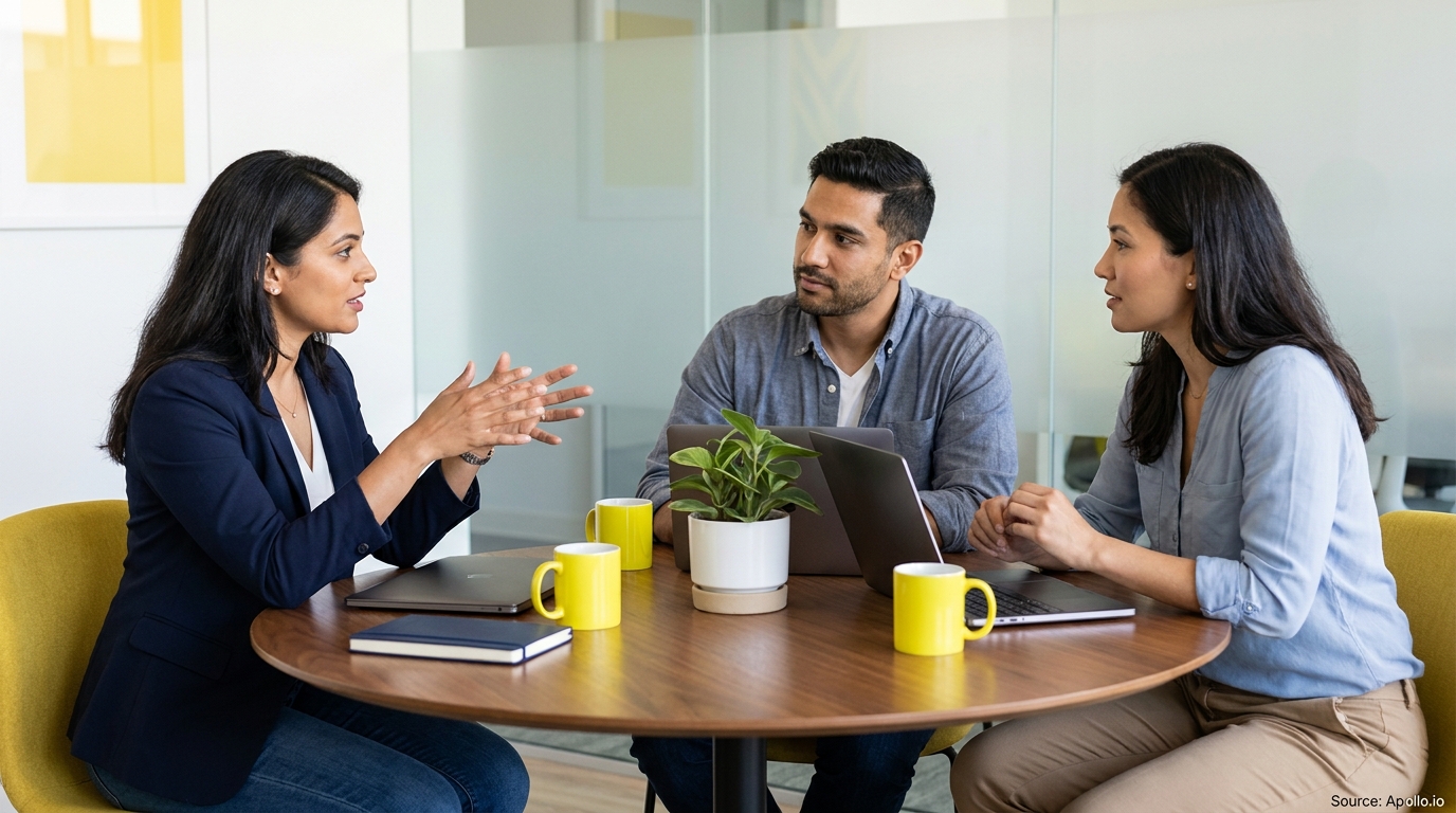 Three professionals discuss strategy at a modern office table with laptops.