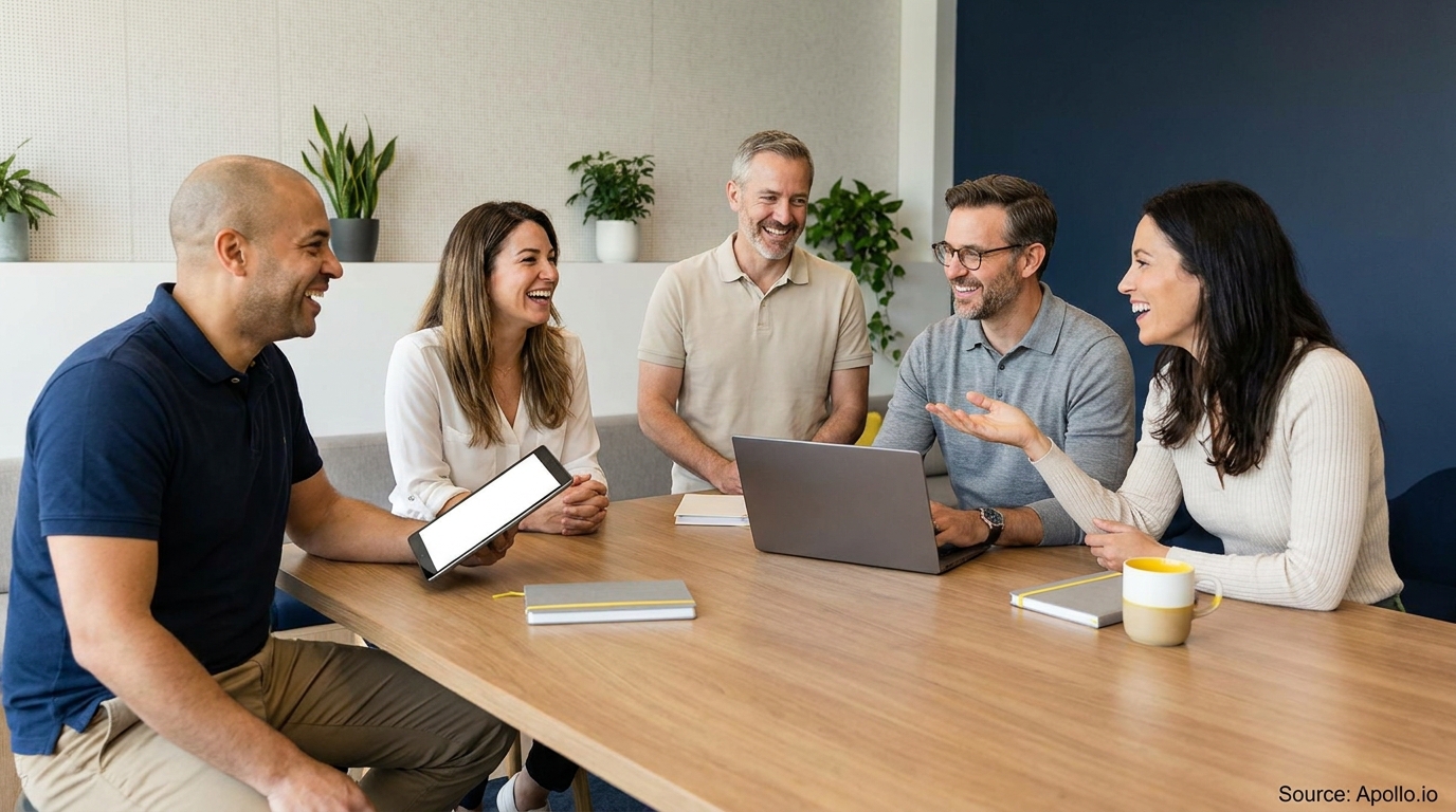 Five professionals collaborate and laugh at a modern office meeting.