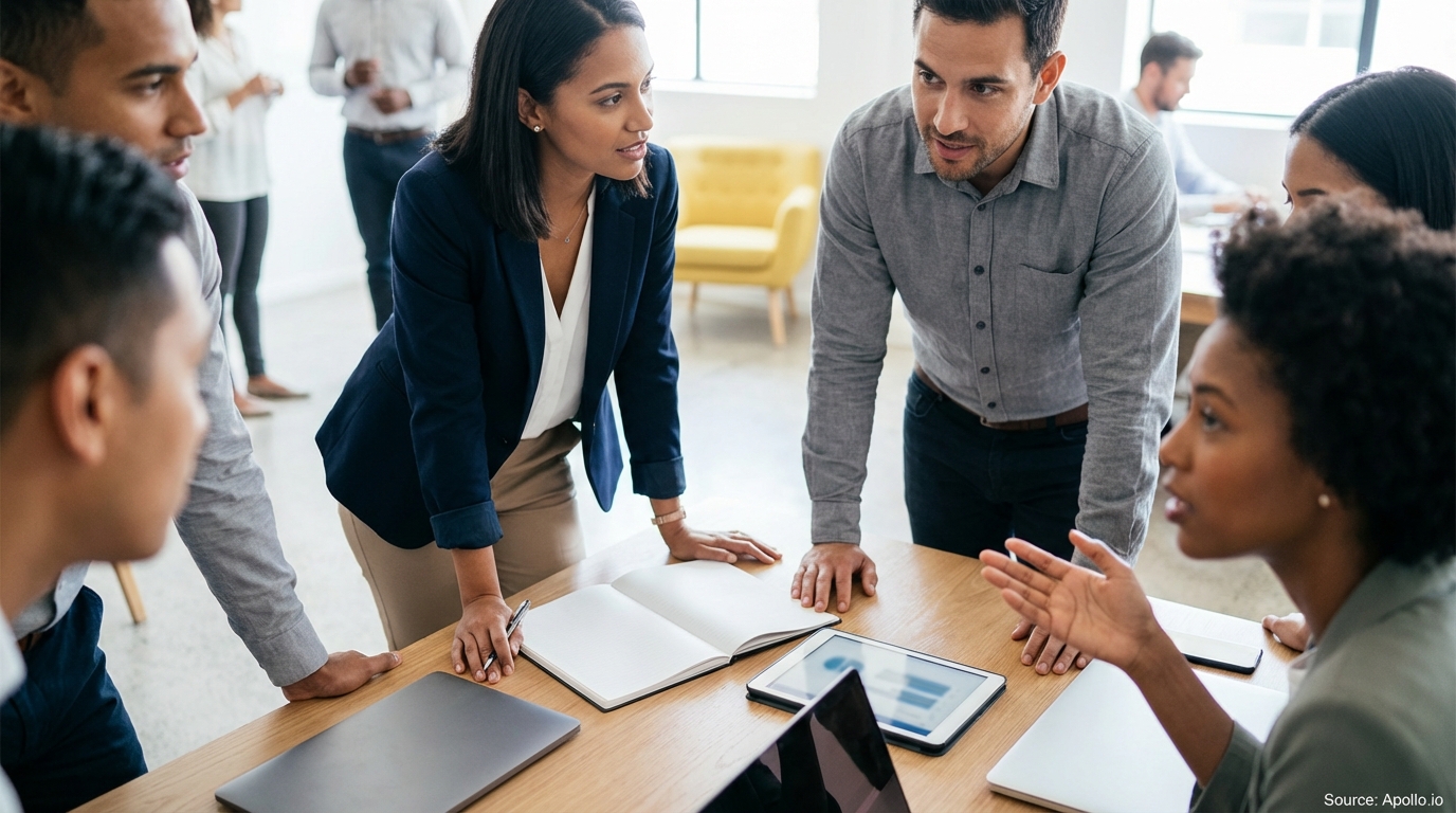 Five diverse professionals discuss ideas around a modern office table with laptops and a tablet.