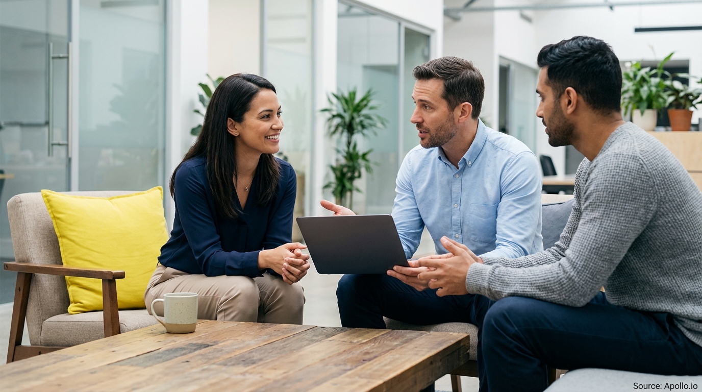Three professionals discuss a laptop at a coffee table in a modern office lounge.