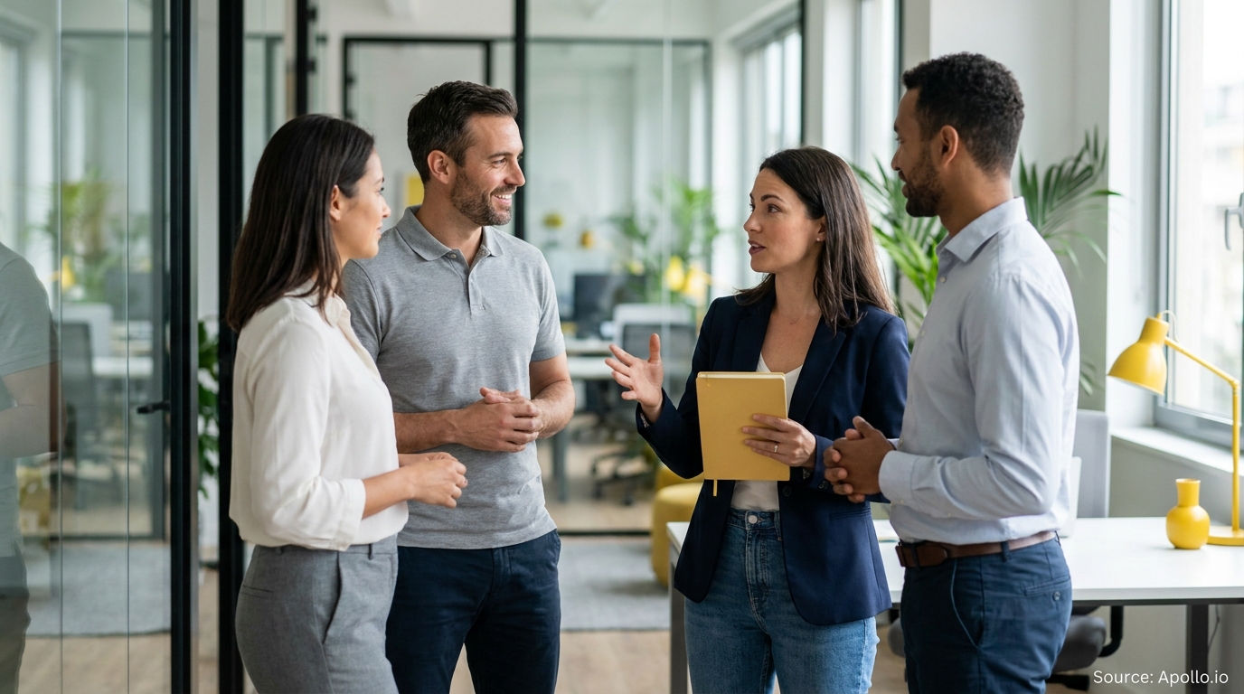 Four colleagues discussing in a bright, modern office.