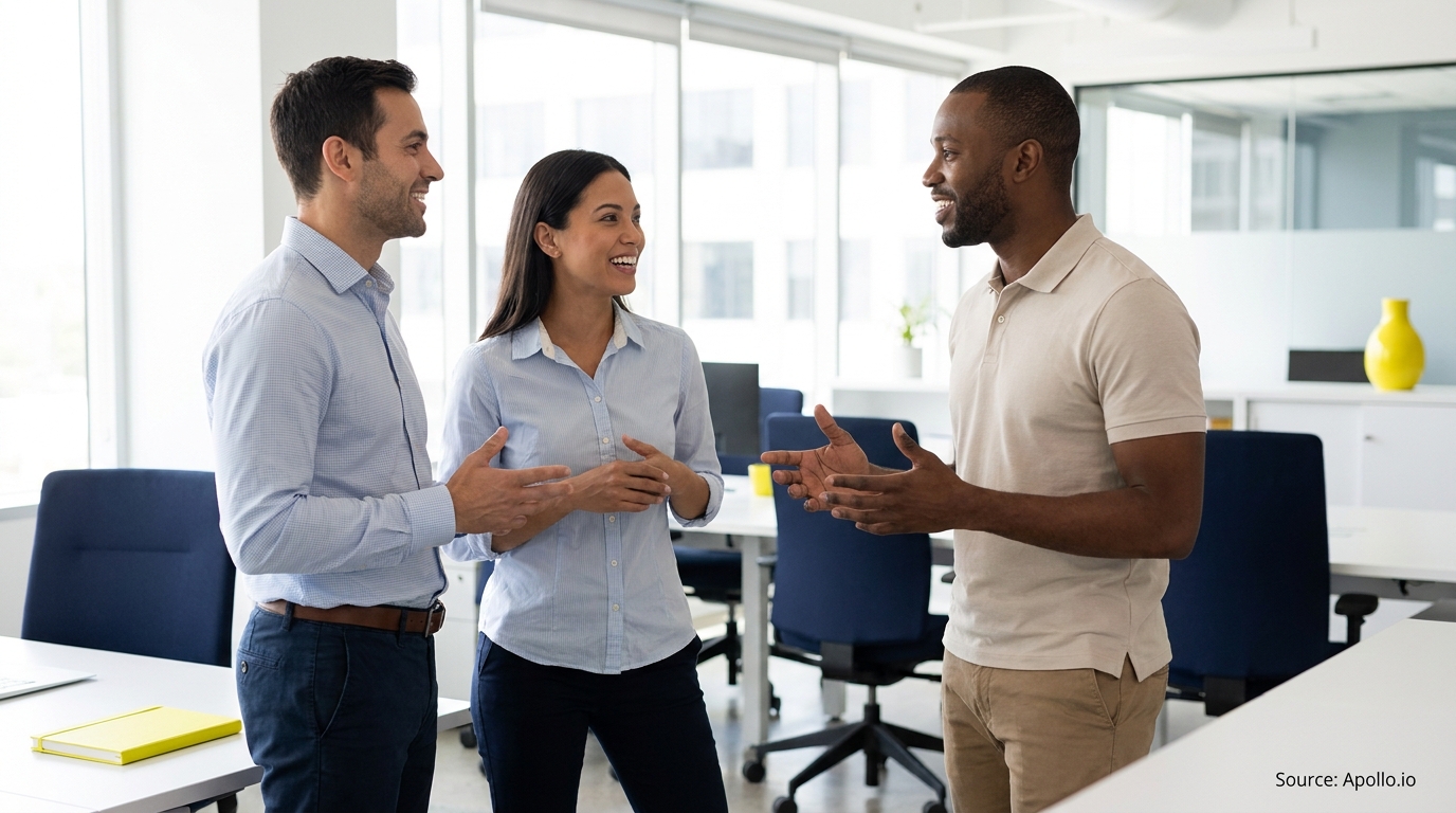 Three smiling professionals stand and talk, gesturing, in a modern office.