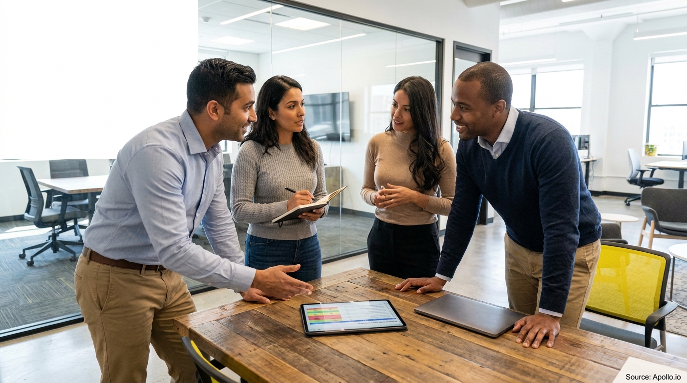 Four professionals discuss data on a tablet at a modern office table.