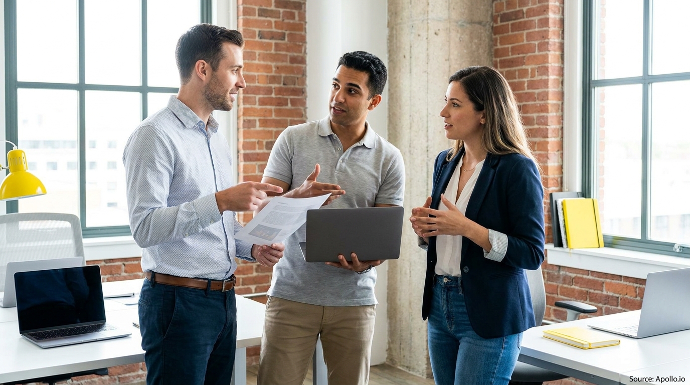 Three professionals discuss documents and a laptop in a modern office.