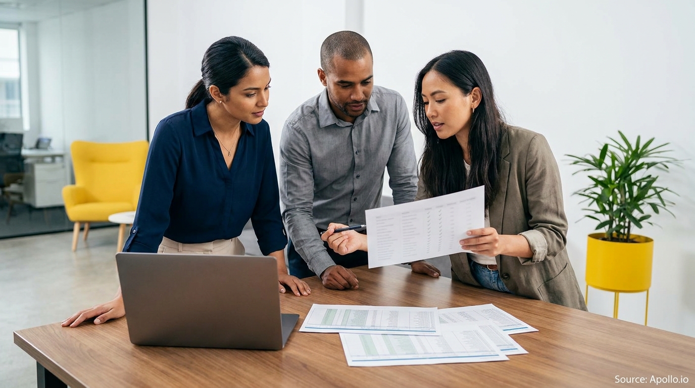 Three diverse professionals discuss documents and a laptop at a modern office table.