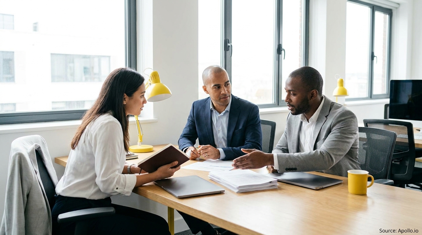 Three professionals discuss documents at a bright modern office table.