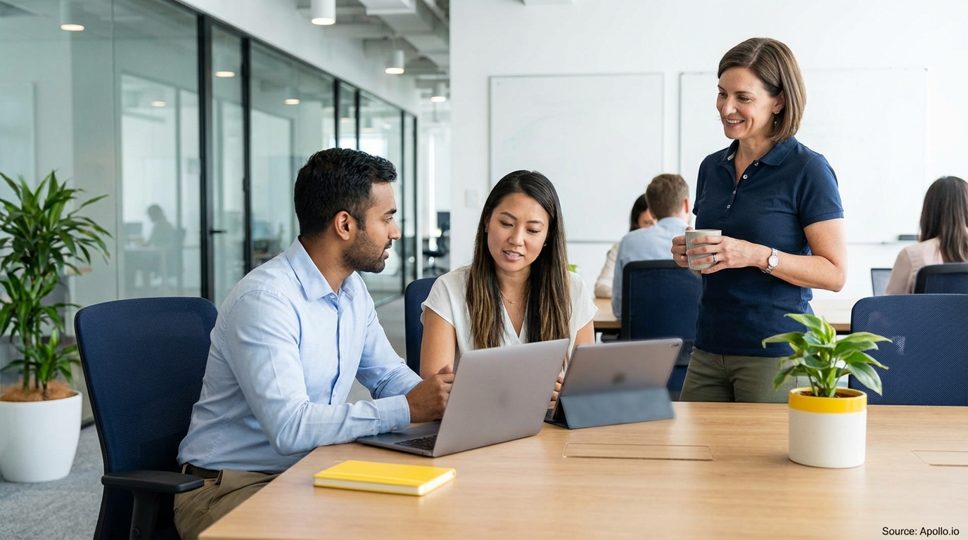 Three professionals collaborate around laptops in a bright, modern office.