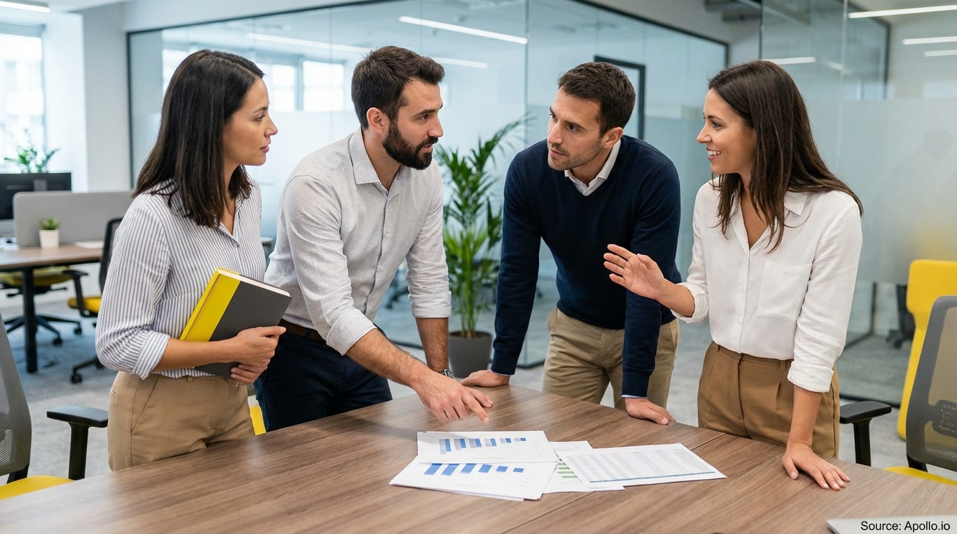 Four professionals discuss strategy around a table in a modern office.
