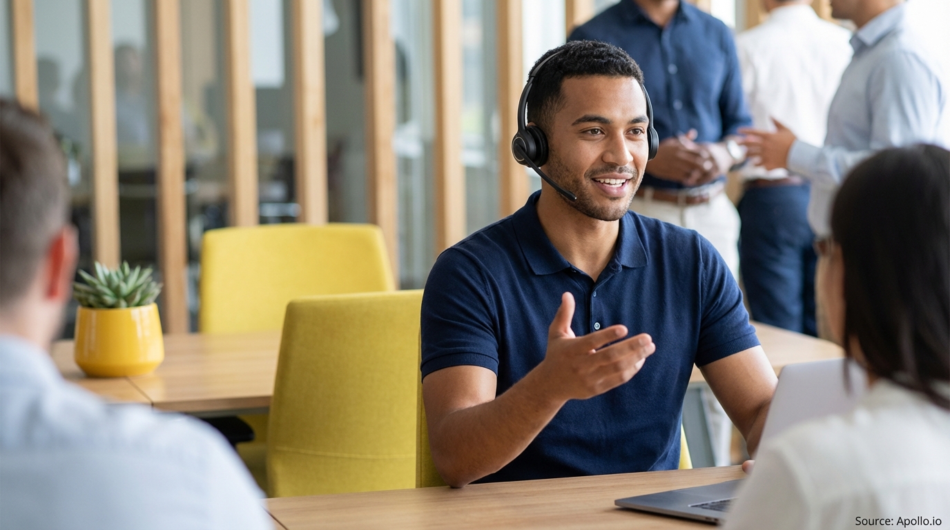A man wearing a headset talks to a woman at a modern office table with a plant.