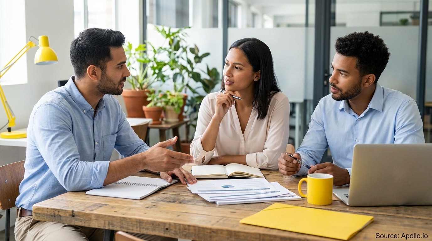 Three professionals collaborate at a wooden office table with documents and a laptop.