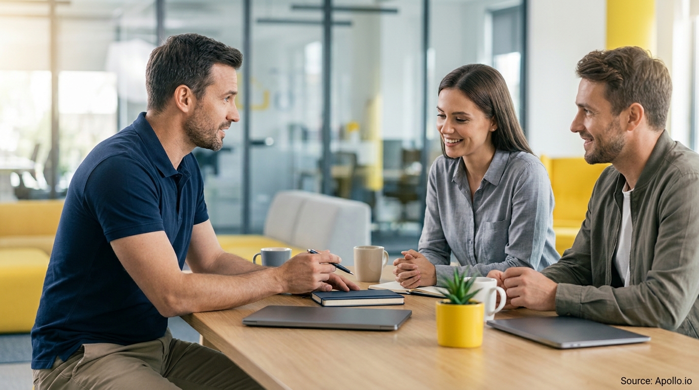 Three smiling professionals in a modern office having a discussion at a table with laptops and coffee.