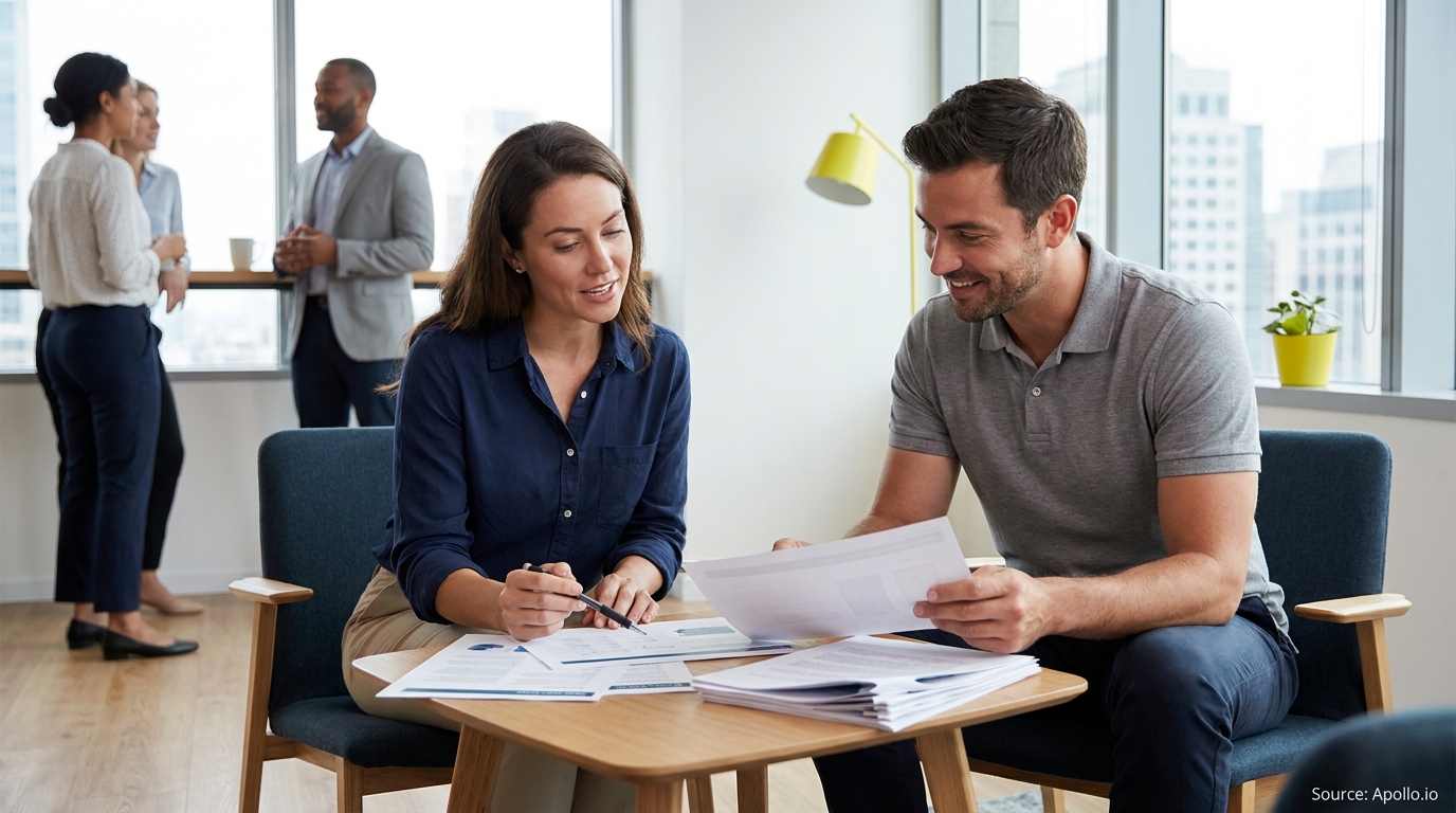 Six professionals interact in a modern office; two review documents, four stand and talk.