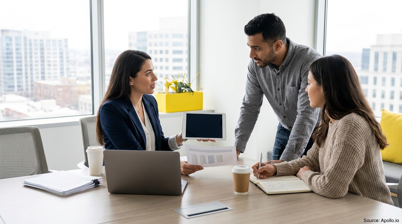 Three business people discuss metrics and data in a bright modern office with a city view.