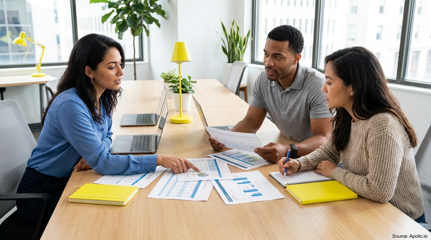 Three diverse professionals collaborate at a modern office table, reviewing charts and taking notes.