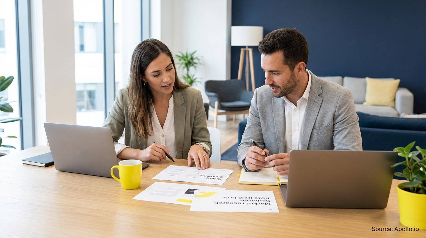 Two professionals discuss documents and laptops at a wooden table in a modern office.