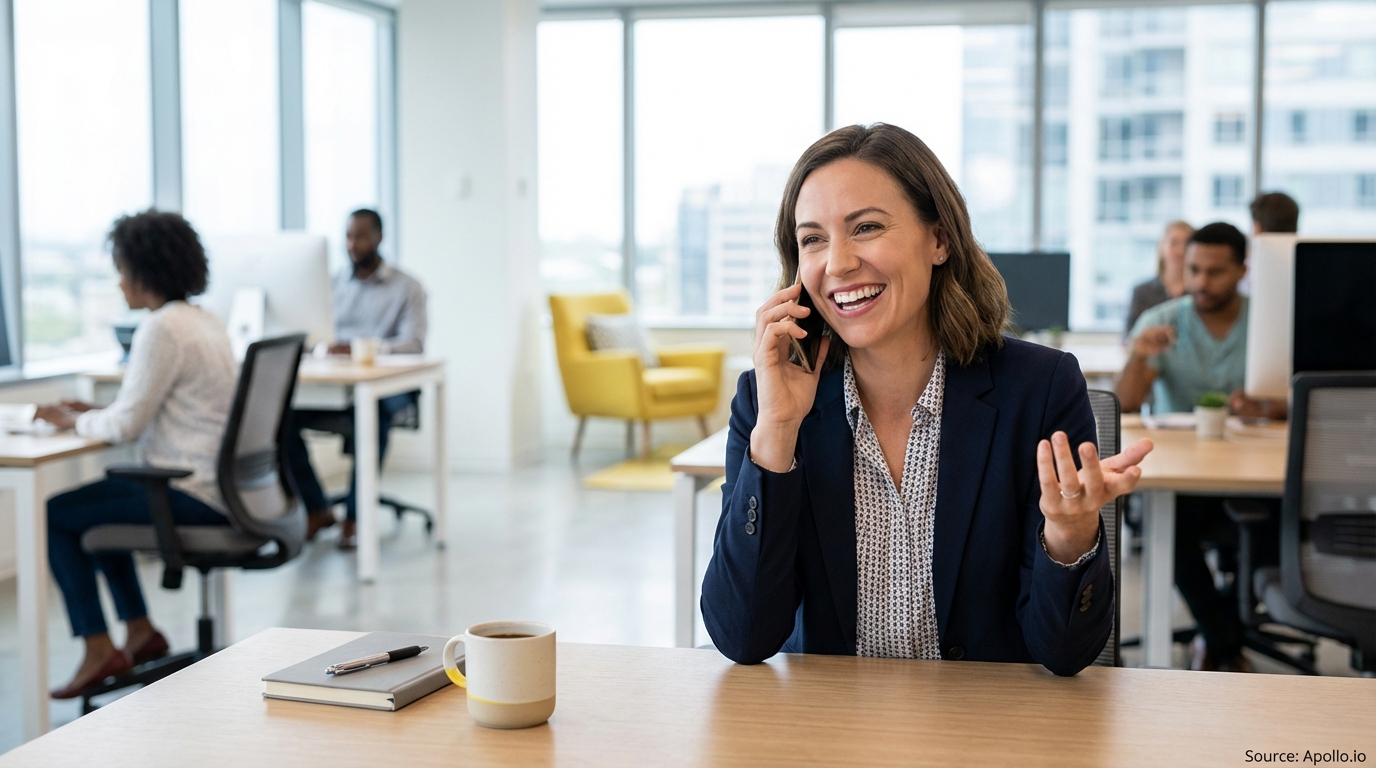 A smiling woman talks on the phone at a desk in a bright open-plan office with colleagues working.