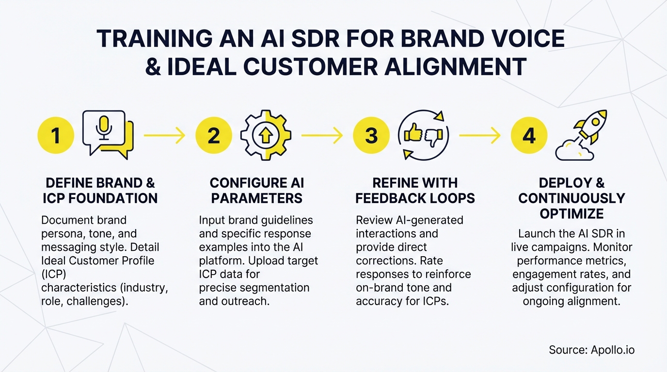 A 4-step infographic showing how to train an AI SDR for brand voice and ideal customer alignment.