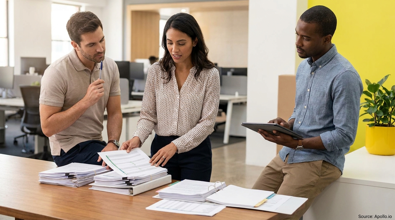 Three people collaborate in a modern office, two reviewing documents, one using a tablet.