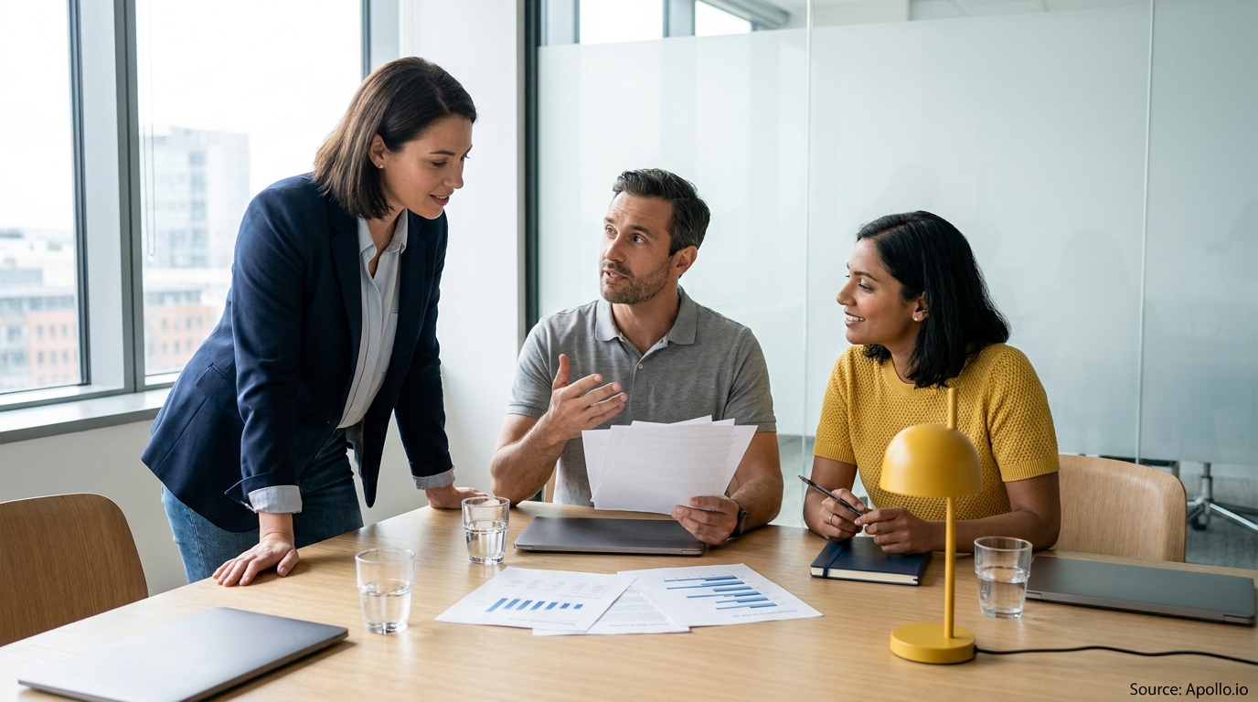 Three diverse professionals discuss documents at a modern office table with laptops and windows.