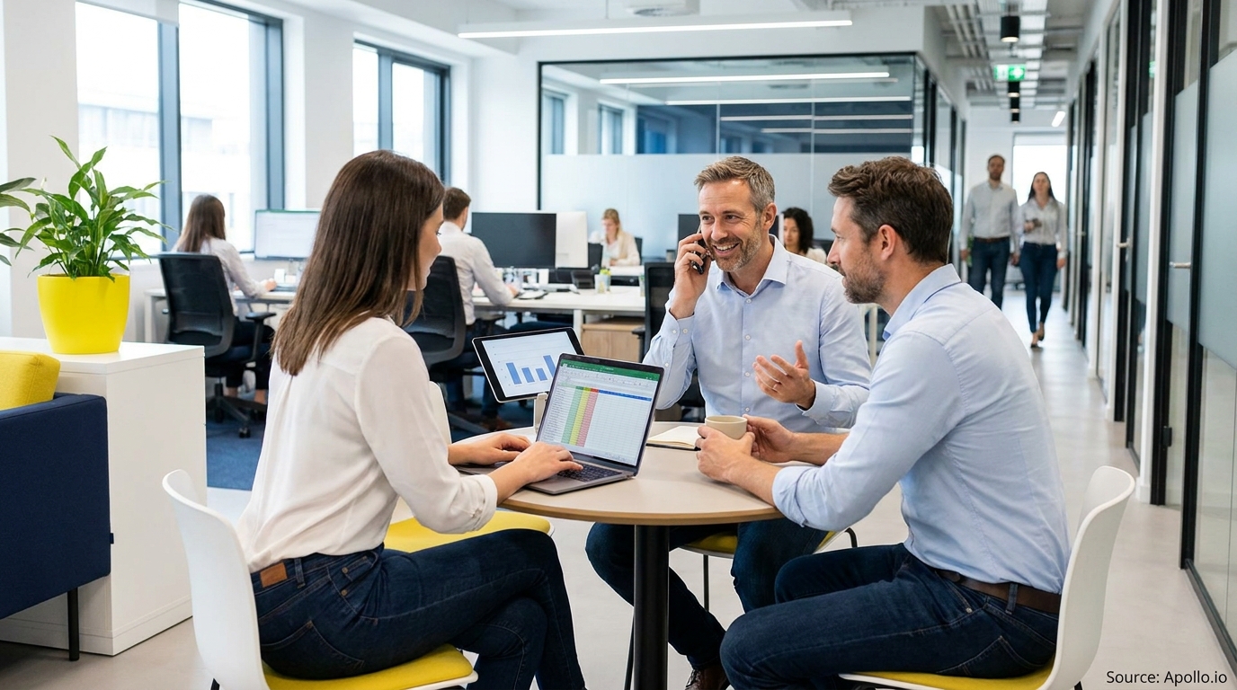 Three colleagues work together at a table in a modern office, using a laptop, tablet, and phone.