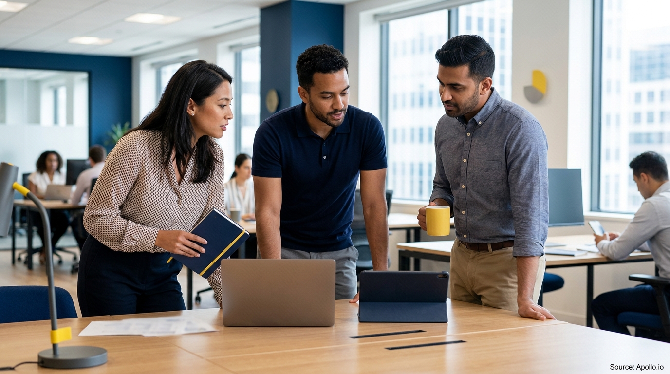 Three professionals review content on a laptop and tablet at a modern office table.