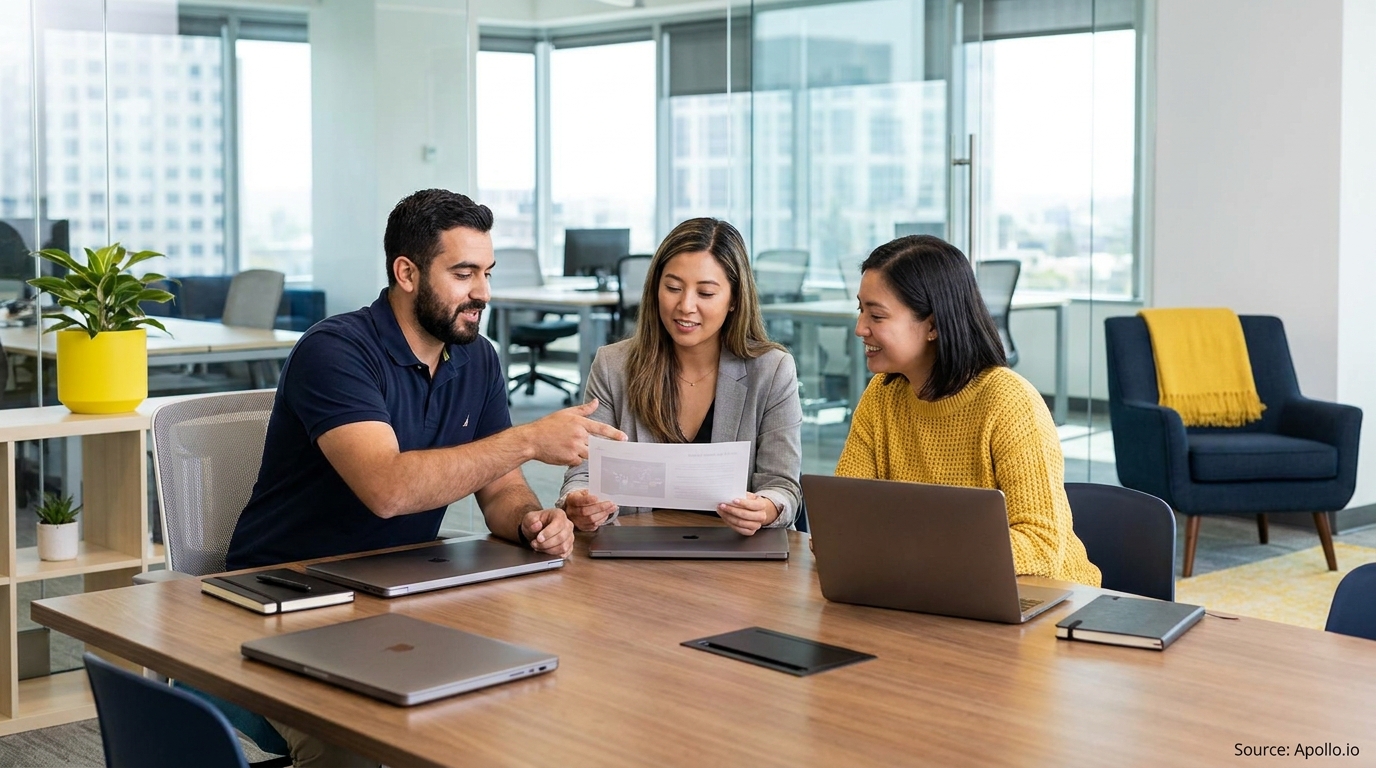 Three colleagues discuss a document at a modern office table with laptops.
