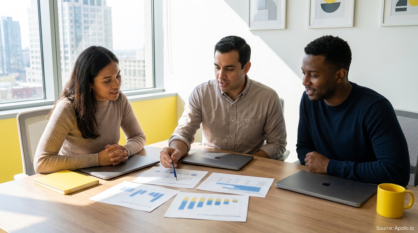 Three colleagues discuss data charts at a bright office table, one pointing with a pen.