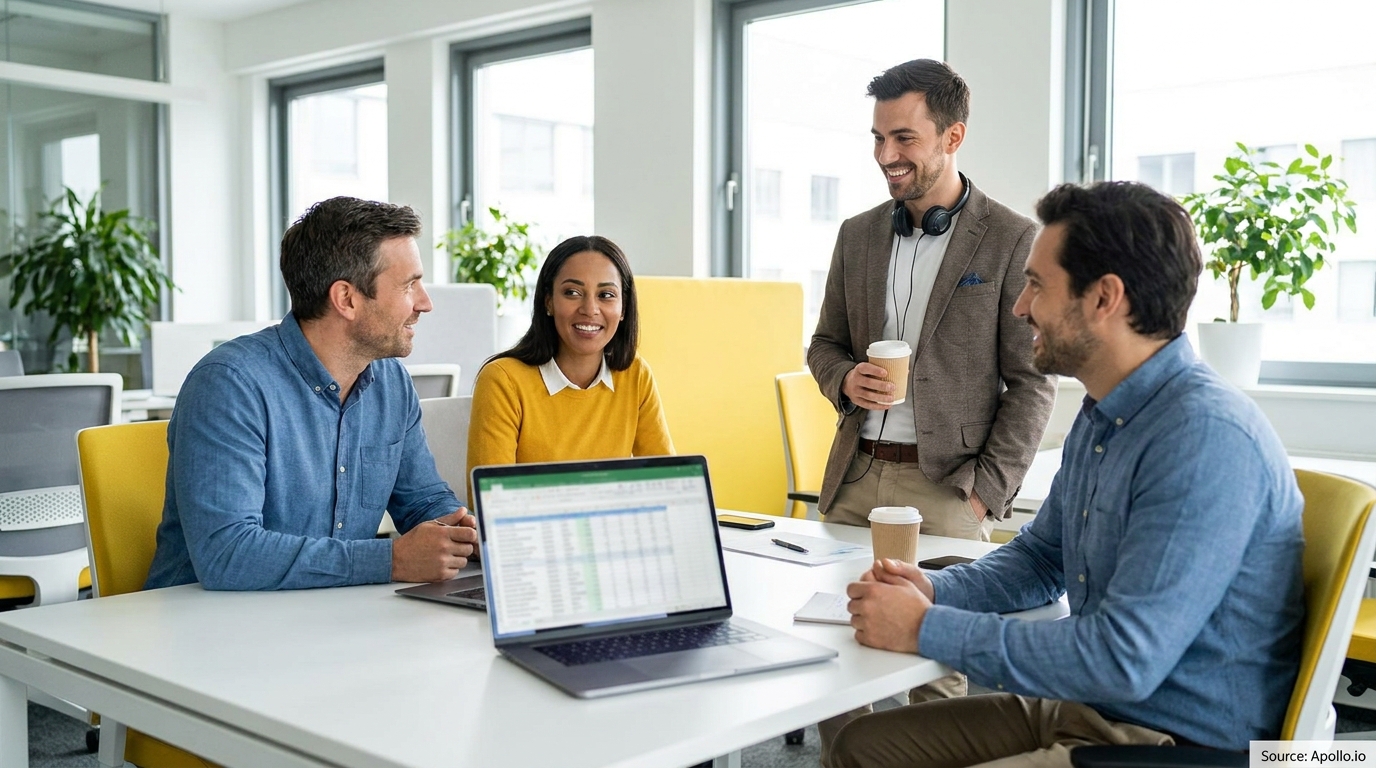 Four diverse professionals discuss data at a bright modern office table with a laptop.