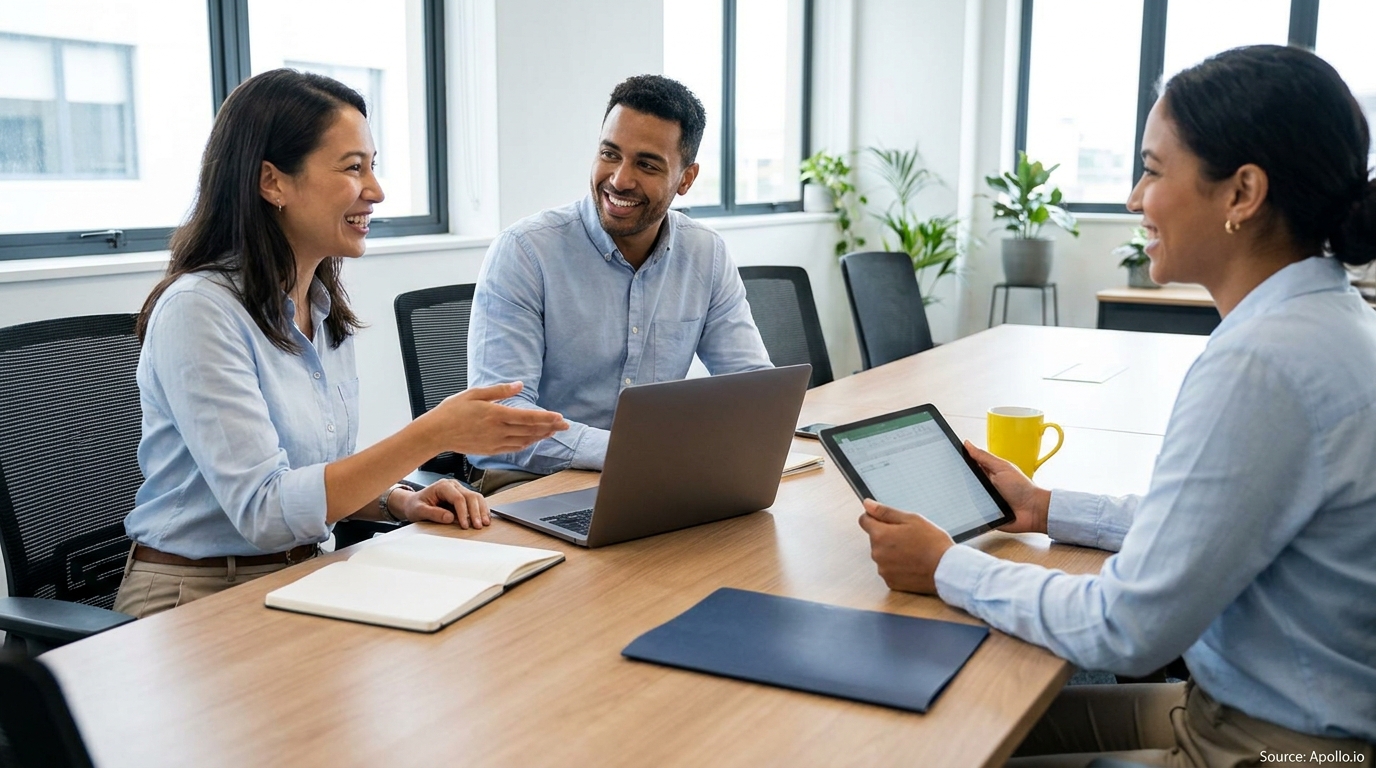 Three smiling people collaborate around a conference table in a modern office.