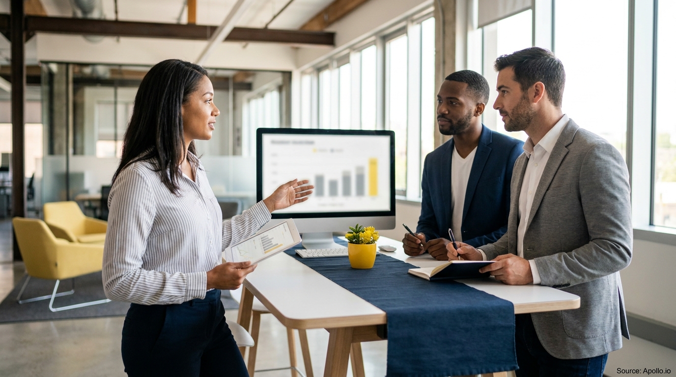 Three professionals discussing data on a tablet and monitor in a bright office.
