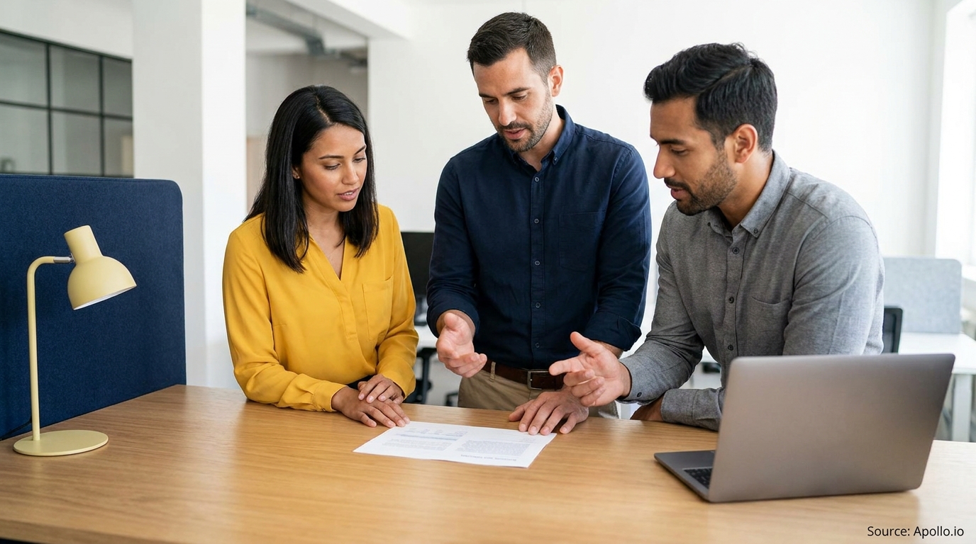 Three colleagues discuss a document and laptop at a modern office desk.