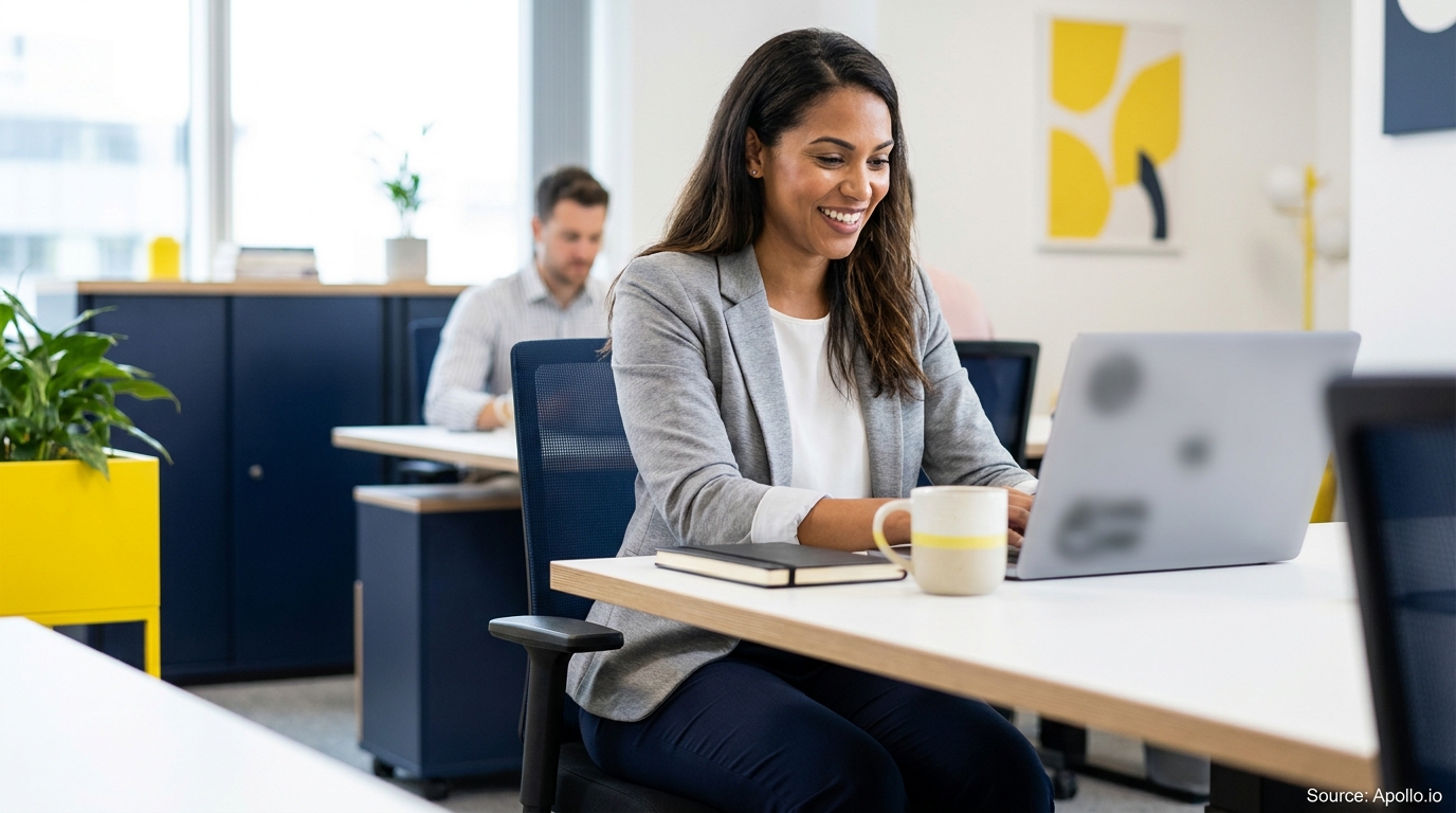 A smiling woman works on a laptop at a modern office desk, with a man blurred in the background.