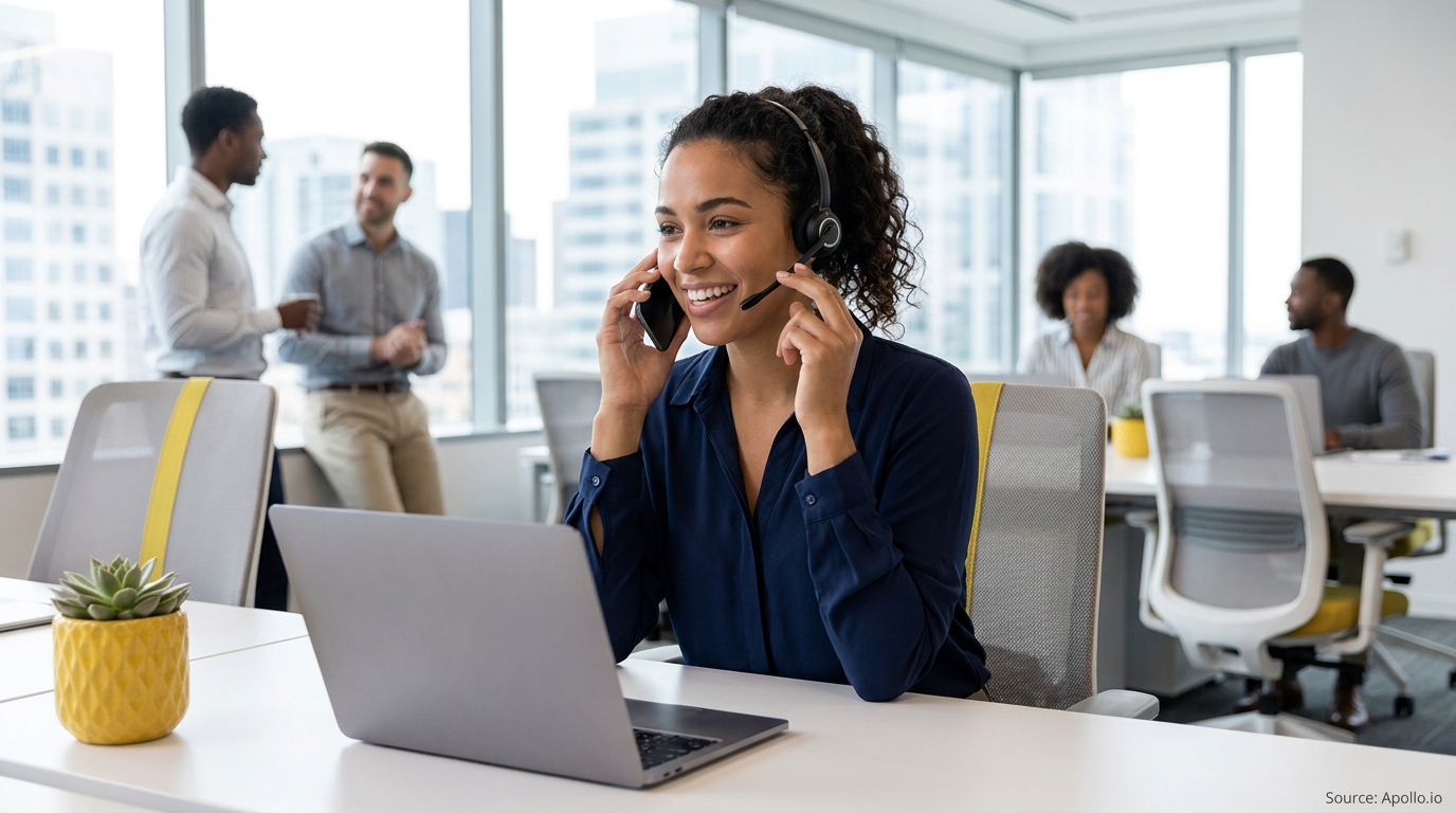 A smiling woman on a call with a headset and laptop in a bright office with four blurred colleagues.